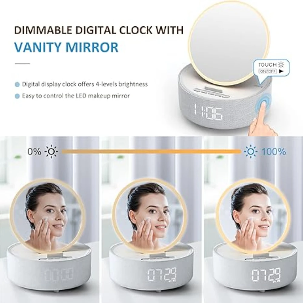 4-in-1 15W wireless charger alarm clock LED night light Bluetooth speaker with makeup mirror suitable for iPhone XiaoMi charger