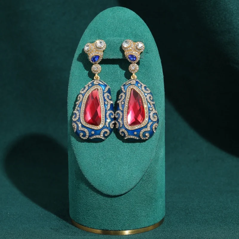 Vintage Alien Red Crystal Blue Enamel Drop Earrings Luxury Antique Art Deco Rhinestone Gold Color Jewelry Brand High Quality New