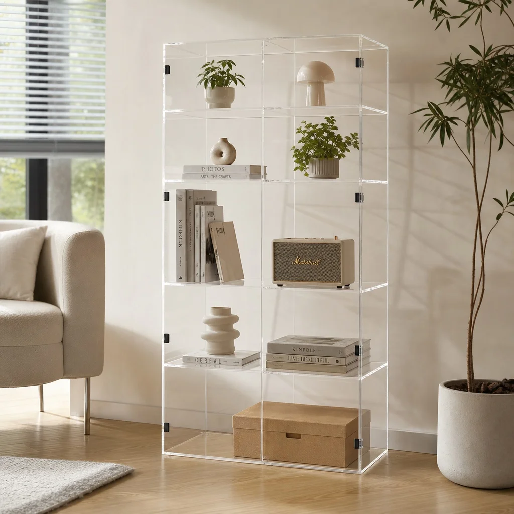 fv-Clear Acrylic Display Cabinet with LED Light Multi Grid Compartments Thick Panel Factory Custom for Toy Collectibles Gallery