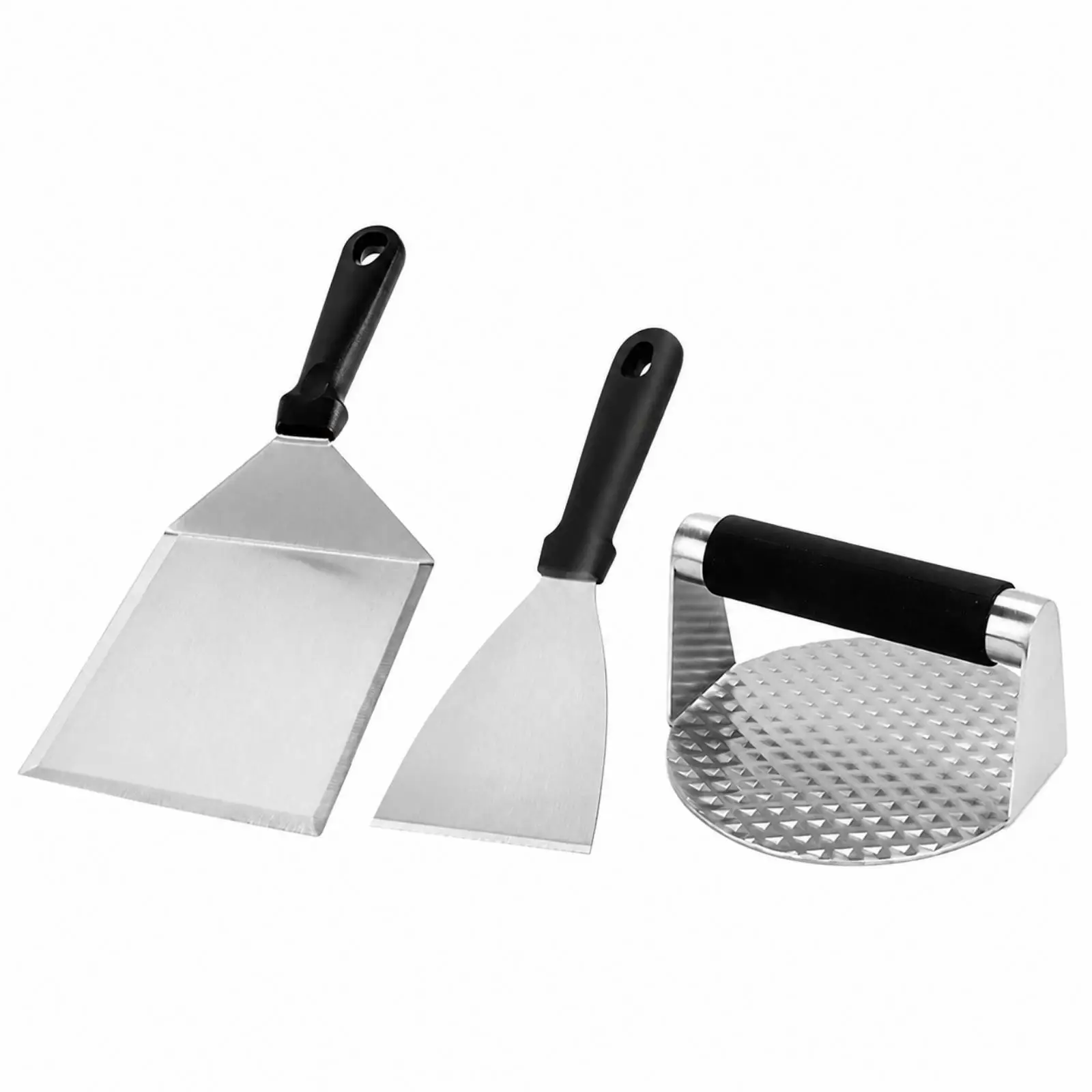 3 Pieces Bbq and Patty Press Set Ergonomic Stainless Steel Griddle Tool Set Complete for Backyard Barbecues, Camping Cookouts