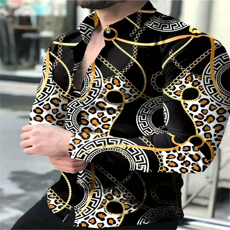 Men\'s Party Dress Casual Flower 3D Printing Fashionable Luxury Social Men\'s Long Sleeve Shirt Collar Button Shirt