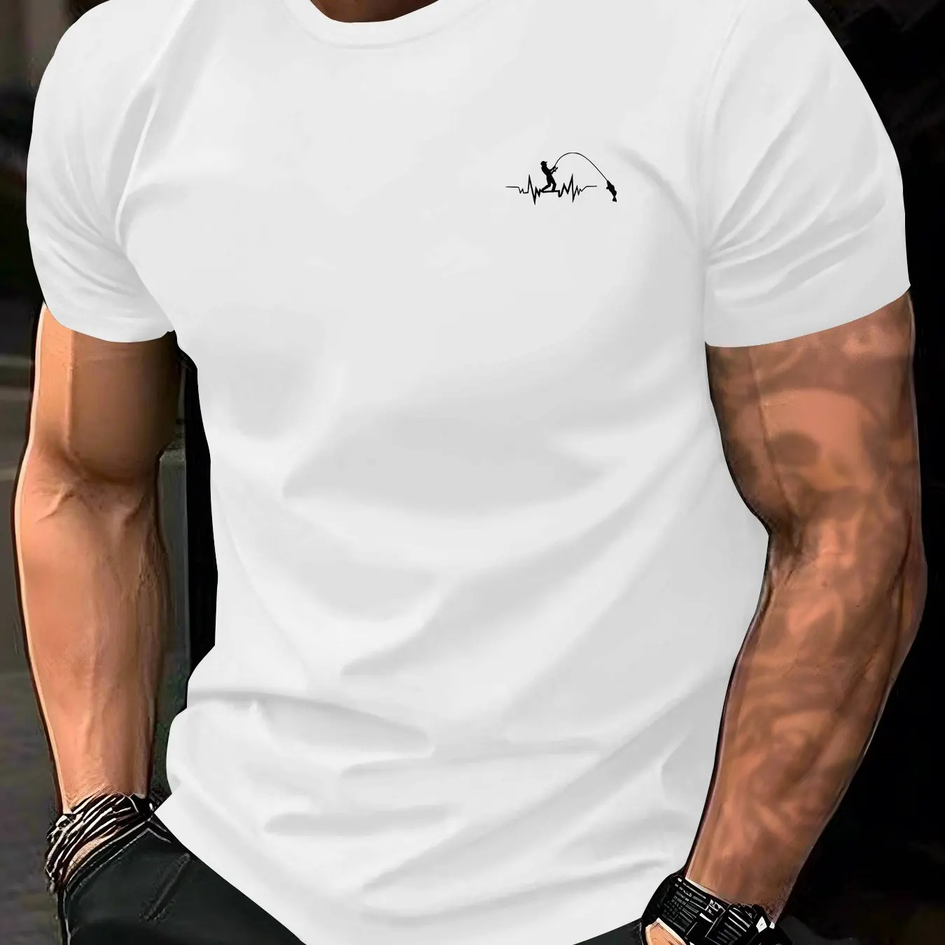Men Summer Casual Fishing Print Short Sleeve T-Shirt Polyester Crew Neck Tee Breathable Fabric Regular Fit with Graphic Design
