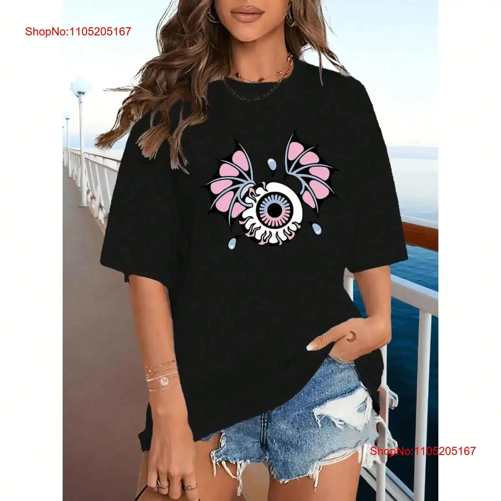 

women's chic one eyed bat print T shirt comfortable and soft fabric vintage Washed Soft Stretched graphic streetwear Casual