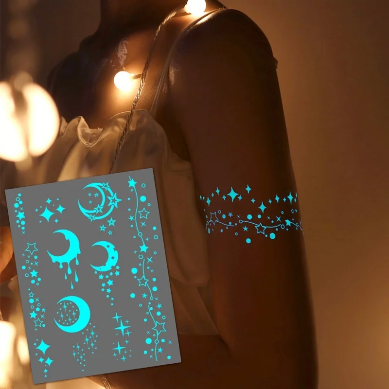 4 Sheets Blue Glow in the Dark Moon and Stars Tattoo Stickers for Women and Girls, White Design Fake Bracelet Necklace Tattoos f