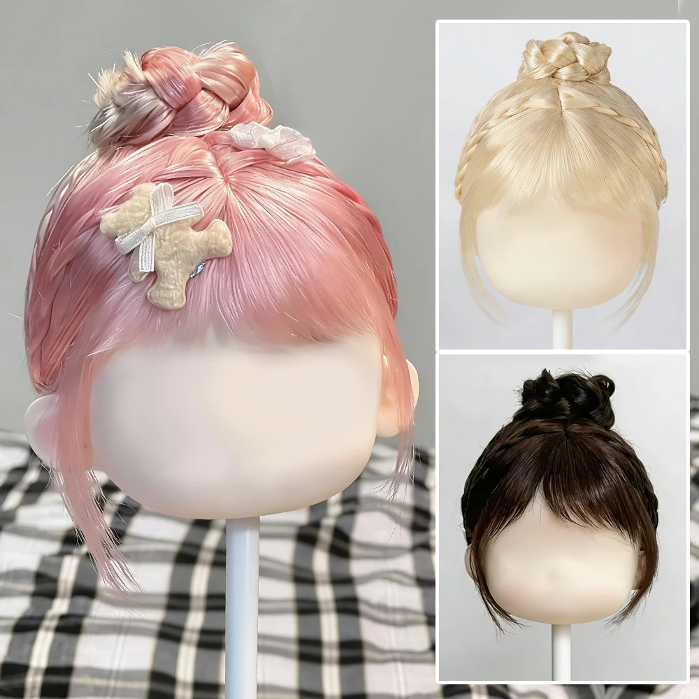 Awen Wig Big Head Dian Dian Hair Straight Bangs and A Bun Hairstyle Hair for BJD Doll Accessories 9-10inch Gold Pink Brown