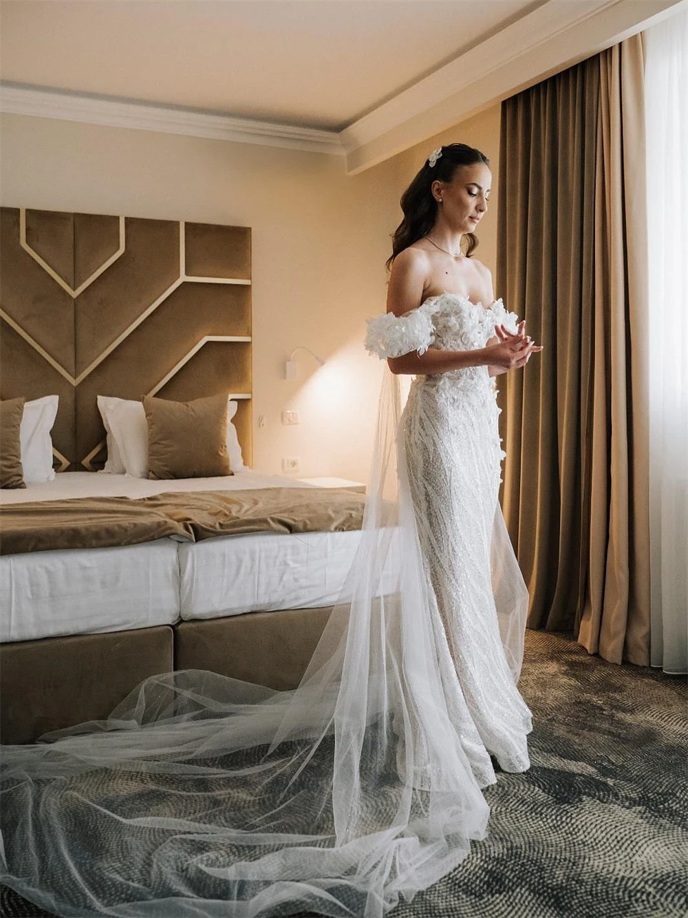 

Customized Sexy White Organza Wedding Dress Boho Sweetheart Off the Shoulder Bridal Gown Soft Mermaid Sweep Train Robe de mariée