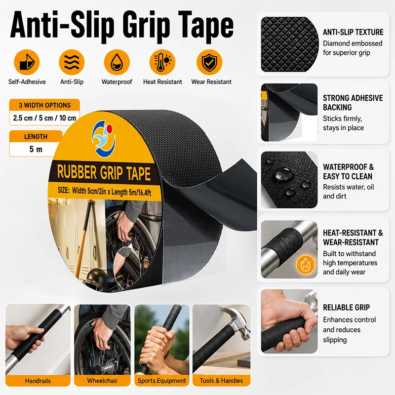 5/3m Rubber Grip Anti-Slip Tape Waterproof Non-Skid Bathroom Floor Tile Grip Diamond Texture Wear-Resistant Self-Adhesive Strips