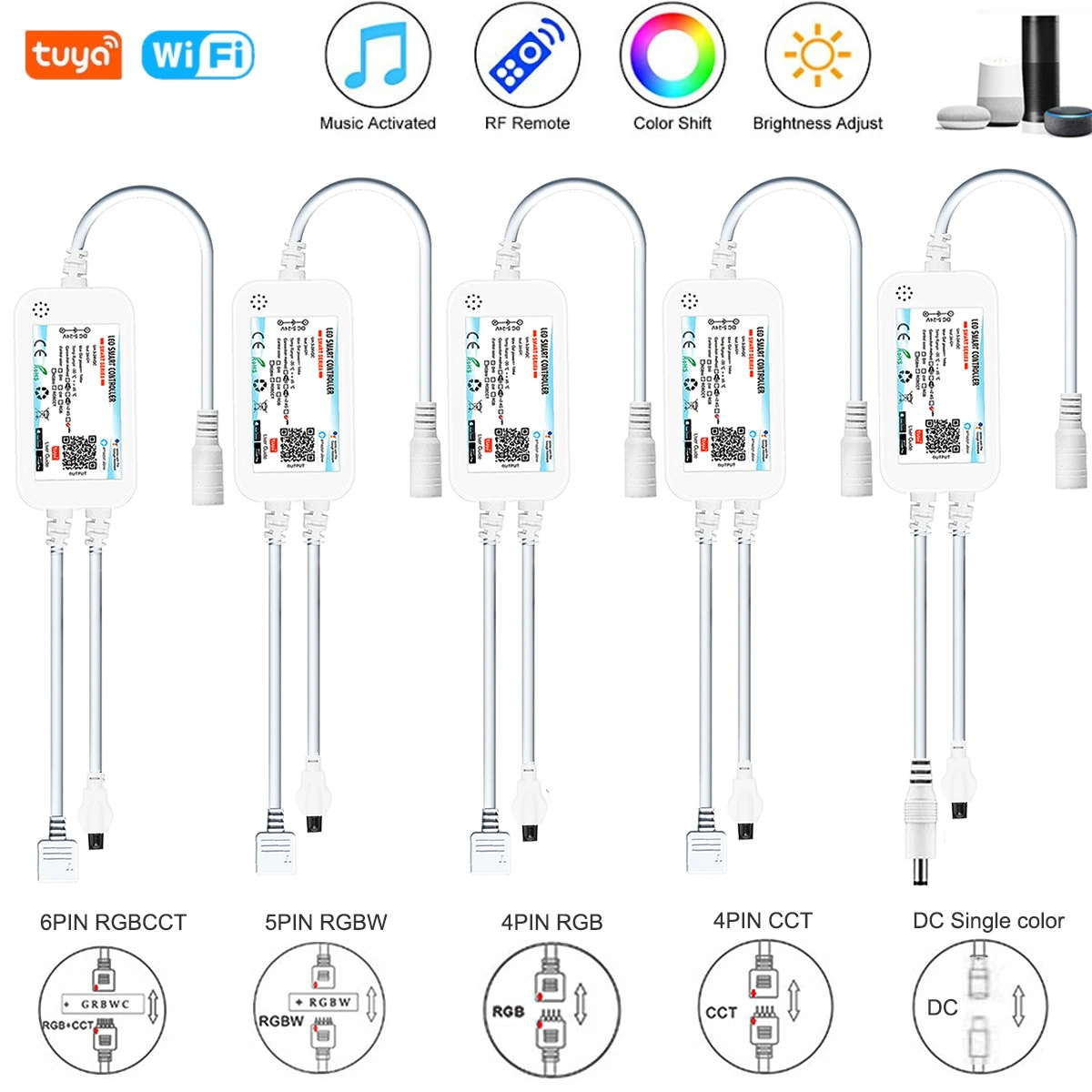 DC5-24V Tuya Wifi Smart Life APP Control+IR Remote Control DW/CCT/RGB/RGBW/RGBCCT LED Light Strip Controller f Alexa Google Home