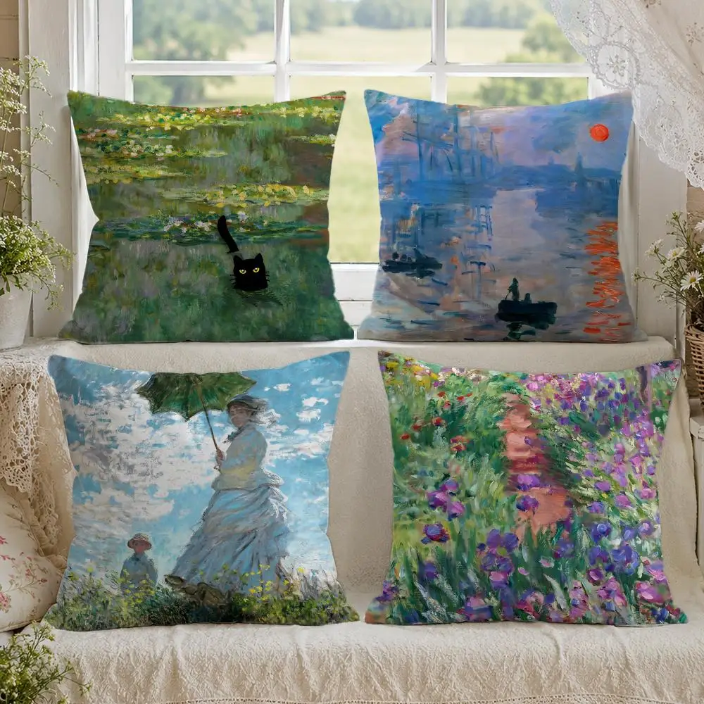 Claude Monet Natural Oil Painting Cushion Cover 1/4PCS Linen Sofa Couch Bedroom Living Room Home Office Decor Pillow Case