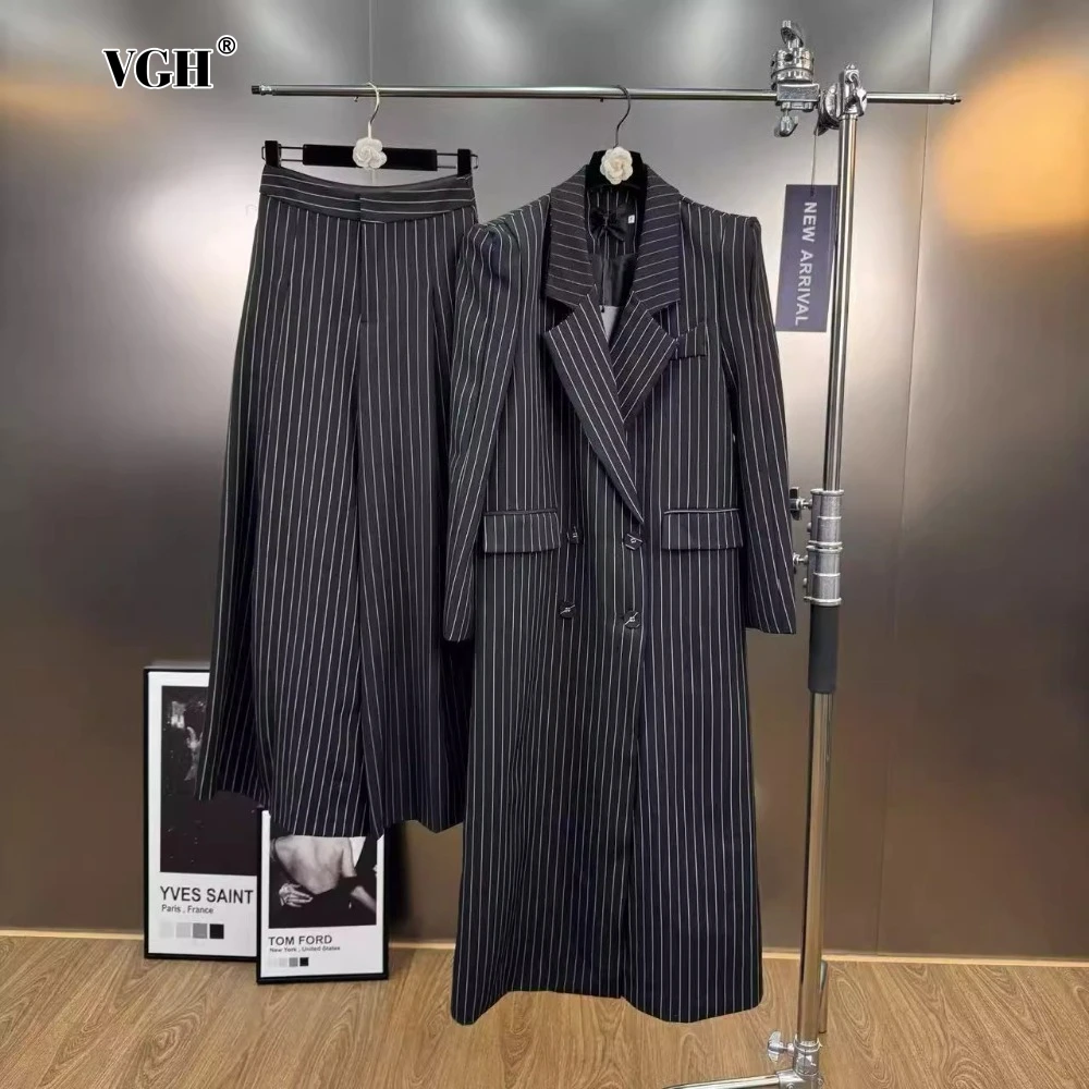 

VGH Spliced Striped Two Piece Set for Women Lapel Long Sleeve Spliced Buttons Loose Trench Cost High Waist Mid Skirt Suit Female