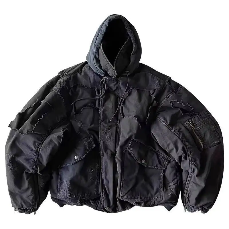 MWJLPWQ Vintage Heavy-Duty Hole Distressed Hooded Cotton Jacket Male Street Style Zipper Washed Long Sleeve Casual Tops 21778