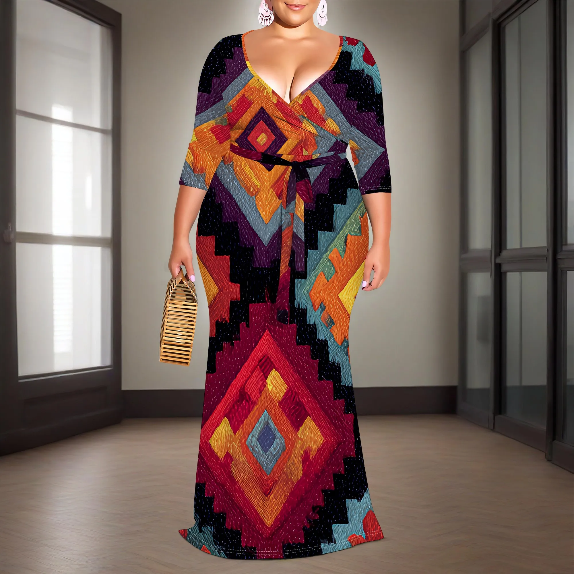 

Colorful Tribal Print Wrap Dress XL-6XL V-Neck 3/4 Sleeve Belted Maxi Style for Heritage Day, Cultural Fest or Art Show Look