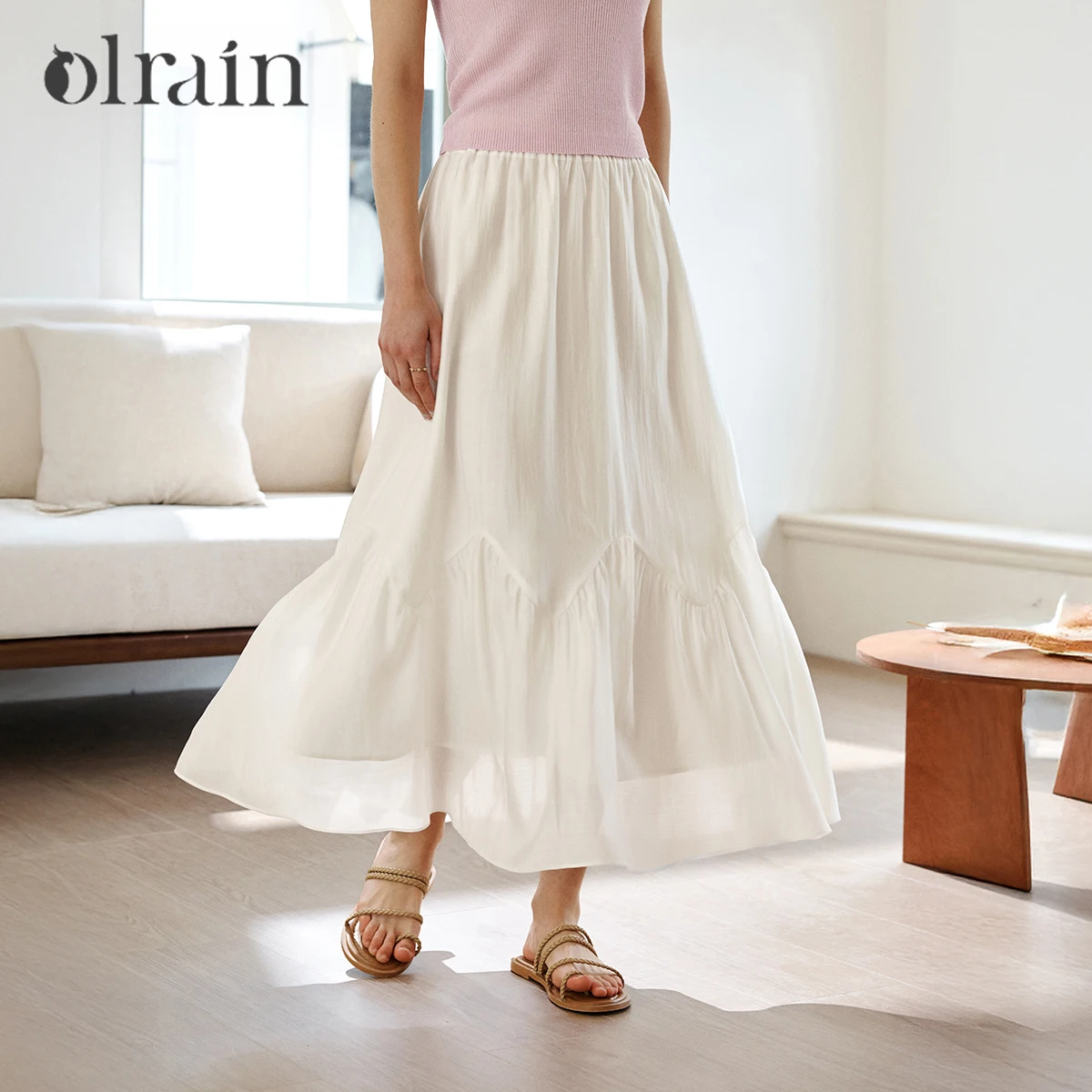 

OLrain Women French Lyocell White Elastic High Waist Maxi Skirt 2026 Summer New Ruffle Hem Casual Elegant Long Skirt O58XB005158