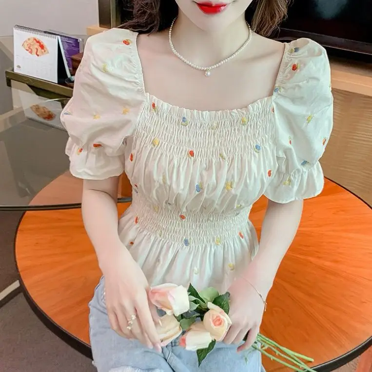 Summer New Square-Neck Floral Short-Sleeve Waist-Cinch Chiffon Top