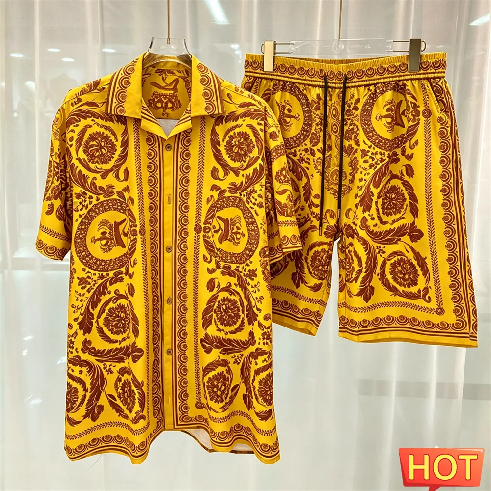 Summer Men's Shirt Set Luxurious Pattern Print 2 Piece Set Casual Home high-end Button Up Shirts Pants men' Outfit Mens Clothing