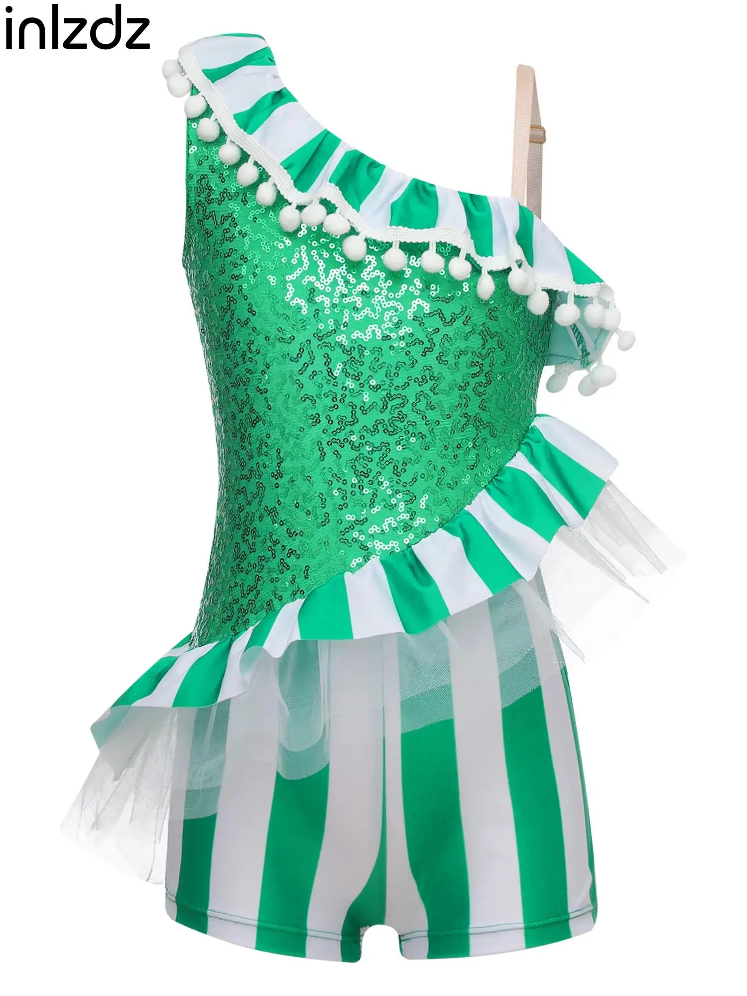 

Girls Christmas Candy Cane Costume One Shoulder Straps Sleeveless Striped Sequins Dance Unitard Jumpsuit Performance Costume
