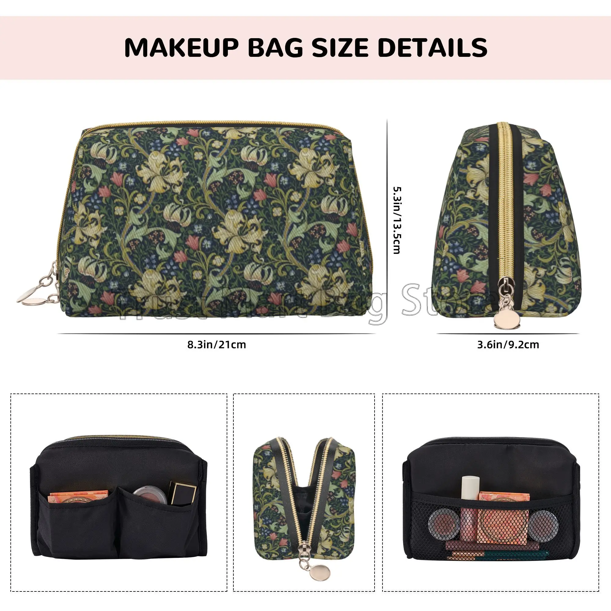 William Morris Print Makeup Bag Leather Travel Cosmetic Organizer Bag for Women Large Capacity Waterproof Toiletries Bag