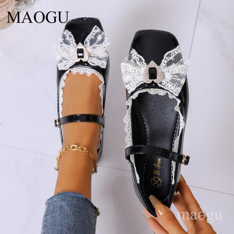Square Toe Mary Jane Flats Women White Lace Bow Heart Rhinestone Single Strap Sweet Lolita Shoes Elegant Comfort Woman Shoes