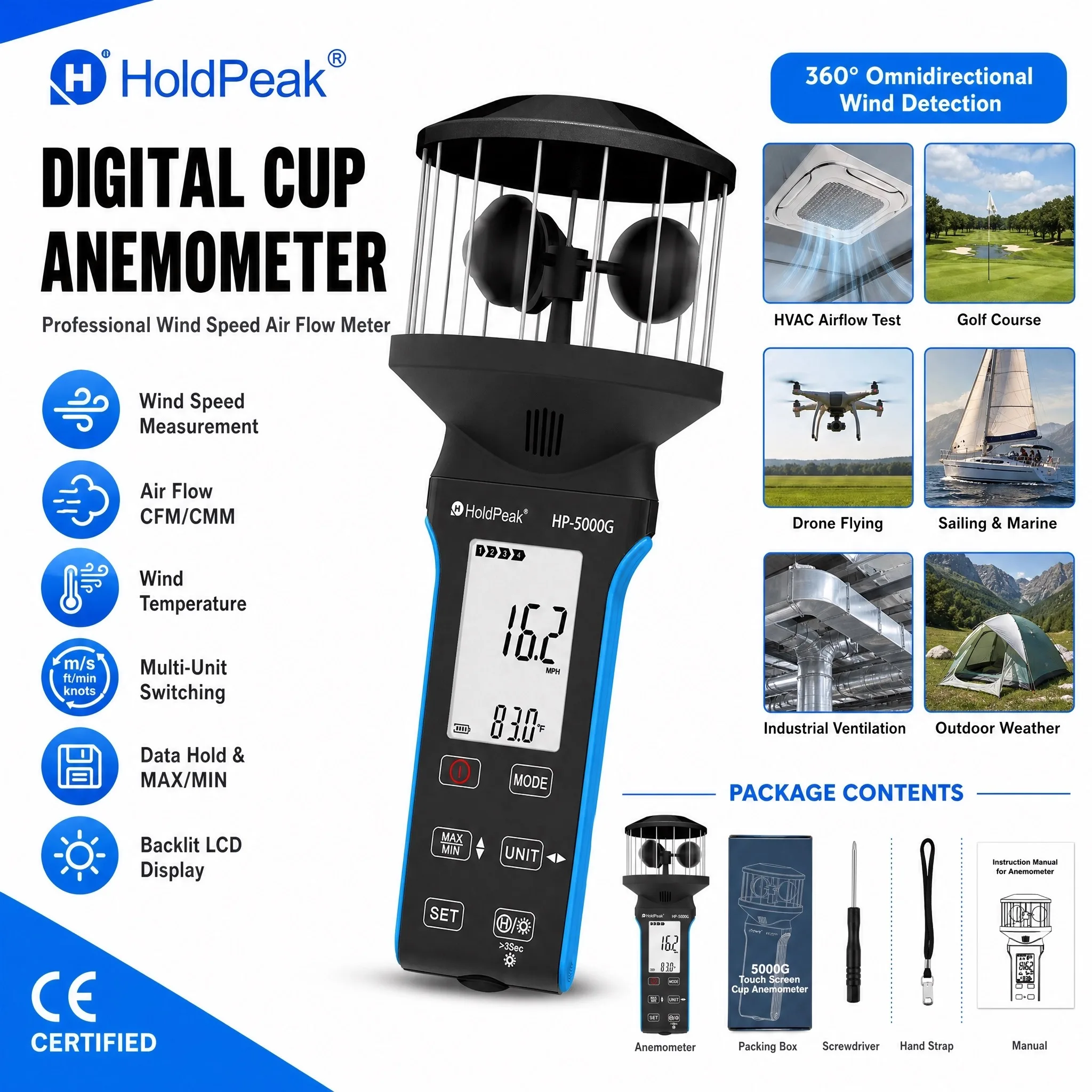 HoldPeak 5000G Cup Anemometer Wind Speed Meter 0.3-30m/s Air Volume CFM Temperature Waterproof USB-C Rechargeable Compass HVAC