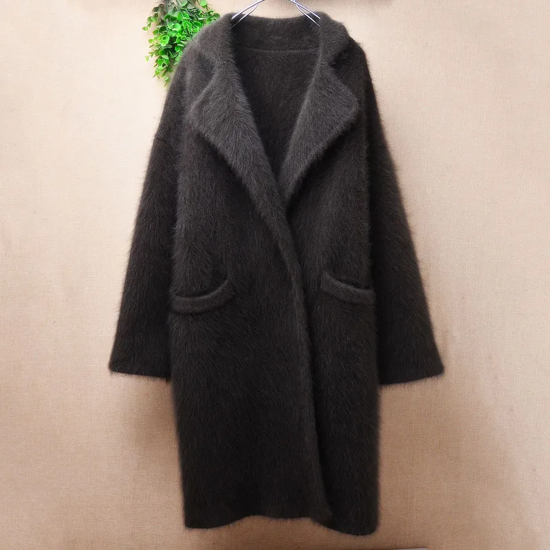 

1.3KG Heavy Thick Women Mujer Fall Winter Hairy Warm Mink Cashmere Knitted Suit Collar Loose Long Sweater Caridgans Coat Pull