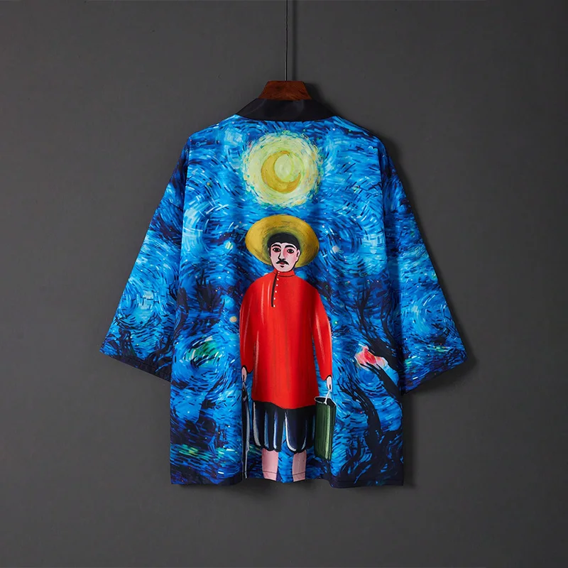 

Европейская и американская ретро Свободная модная мода Персонализированная картина маслом с принтом Кимоно Кардиган Хаори Летний пляжный купальник Верхняя одежда Защитная одежда от солнца