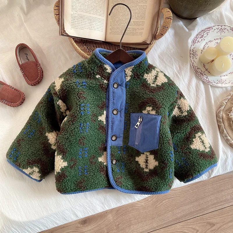 Children's Fleece-Lined Jacket Autumn/Winter 2024 New Style Thickened Wool Sweater Baby Vintage Winter Sheep Velvet Coat