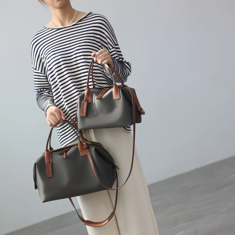 Women\'s Nylon With Genuine Leather Zipper Tote Lightweight Soft Travling Bags Versatile Style Handbag Different Colors And Size
