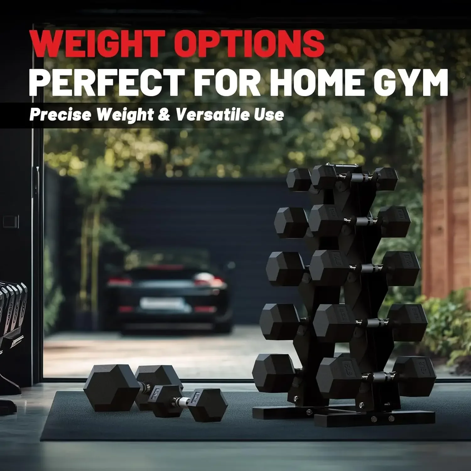 

Hot salesHex Dumbbell Set with Rack - Rubber Coated Cast Iron Weights, Non-Slip Chrome Handles, Space-Saving Home Gym Set for St