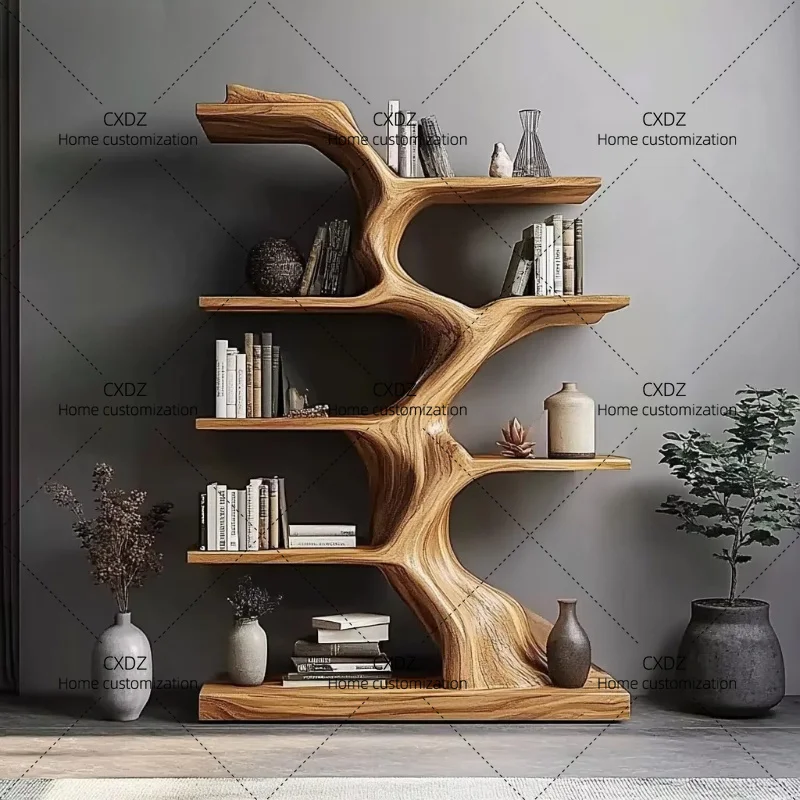 XXSimple and modern tree-shaped bookshelf, solid wood wall full wall display shelf, floor-to-ceiling creative multi-layer shelf