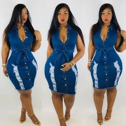 Seksi moda kolsuz Bodycon Mini elbise kadınlar yaz Vestidos 2024 delik yırtık kot elbise bayanlar vintage yıkanmış Denim elbise