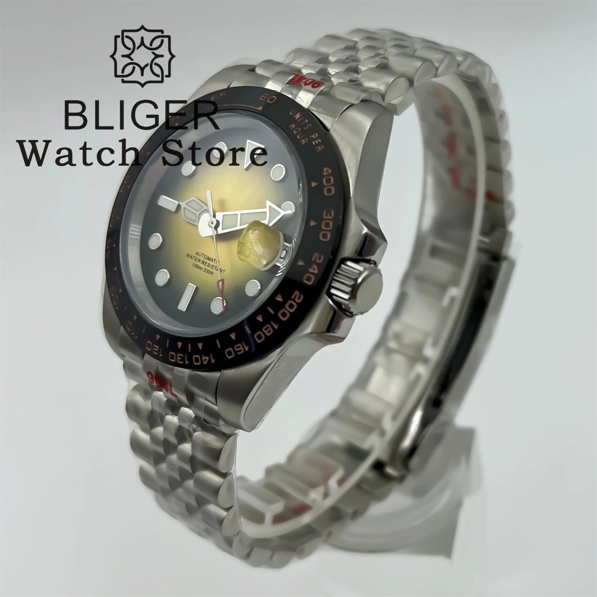 BLIGER 40mm NH35A Automatic Mechanical Diving Watch For Men Ceramic insert Gradient Yellow Dial Sapphire Glass Steel bracelet