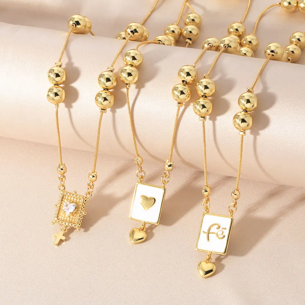 FLOLA émail blanc étiquette FE coeur colliers pour femmes plaqué or perles chaîne collier délicat bijoux cadeaux nkeb420