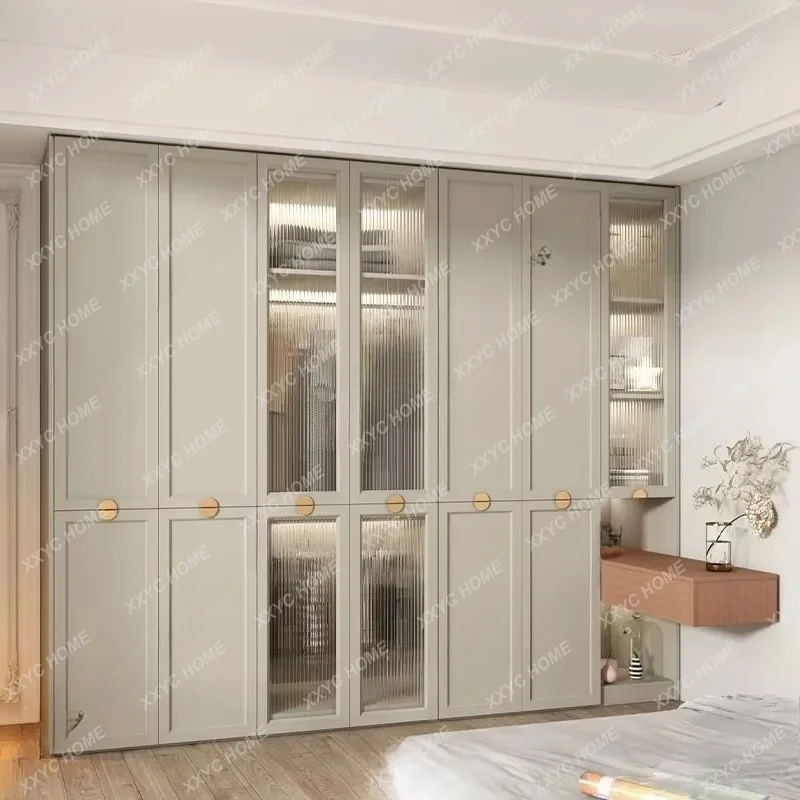 XX Cream Style Melamine Board Wardrobe Cabinet One-Piece Full Height Closet with Display Glass Panels & Matching Vanity Desk