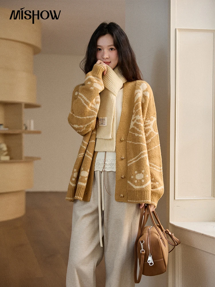 

MISHOW Women Cardigan Long Sleeve 2025 Winter Fashion Yellow Jacquard Knitted Cardigan Plant Pattern V-neck Sweater MXE48Z2522