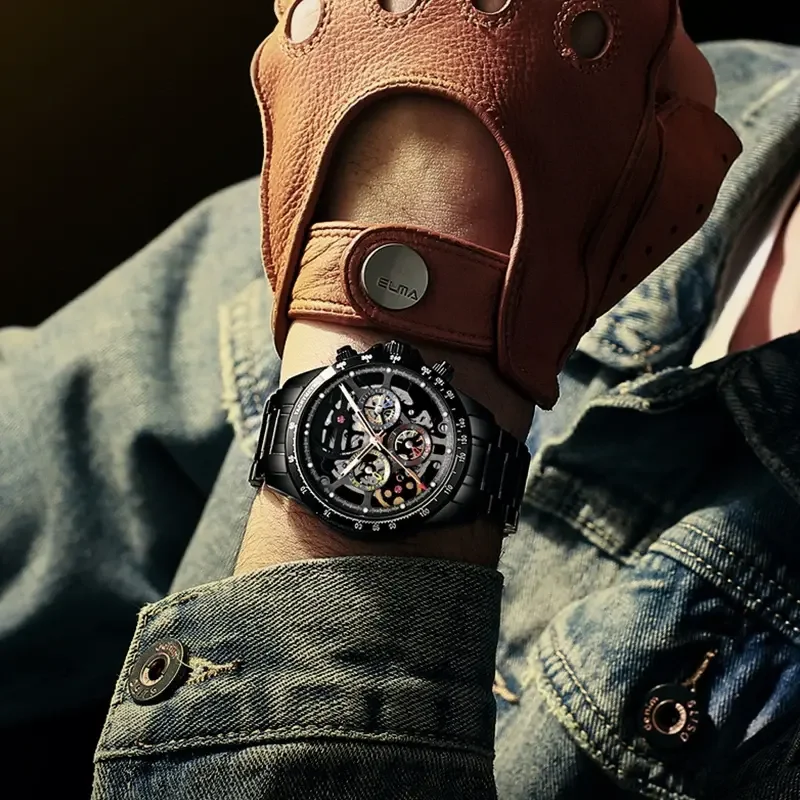 Ailang Automatic Mechanical Watches Black Technology Hollow Waterproof Calendar Multi-Function Wristwatch Stainless Steel