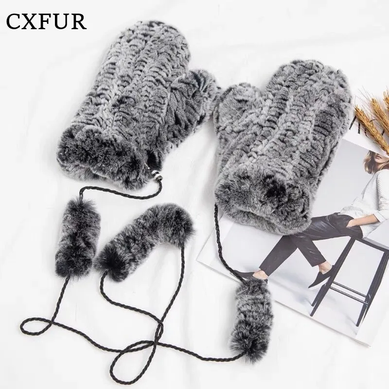 

Winter Warm and Soft Knitted Elastic Real Rex Rabbit Fur Mittens CX-A-149