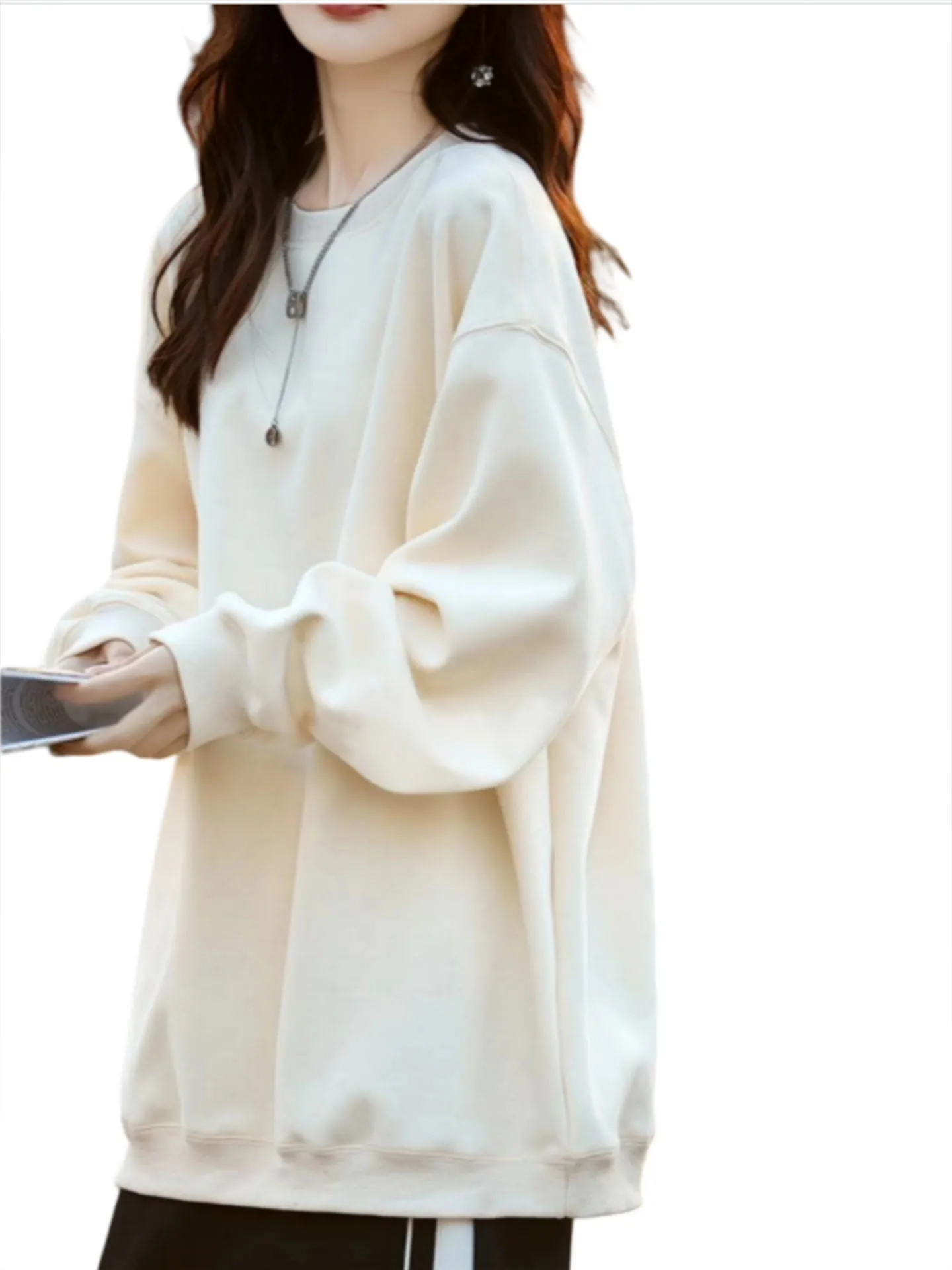 

Осенне-зимняя утепленная флисовая толстовка для женщин, свободного кроя, больших размеров, с круглым вырезом, базовый слой, корейский стиль