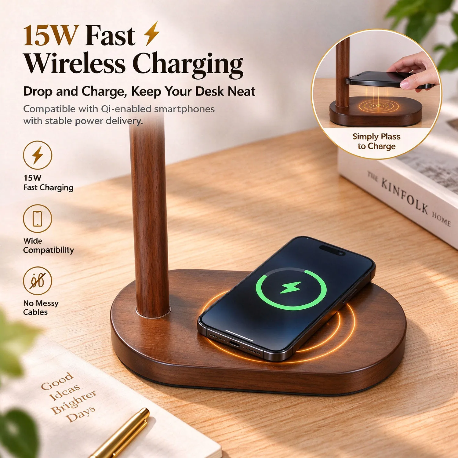 Wooden Table Lamp with 15W Qi Wireless Charger for Mobile Phone USB-C Powered Three-color Lights Desk Lamp for Bedroom Home