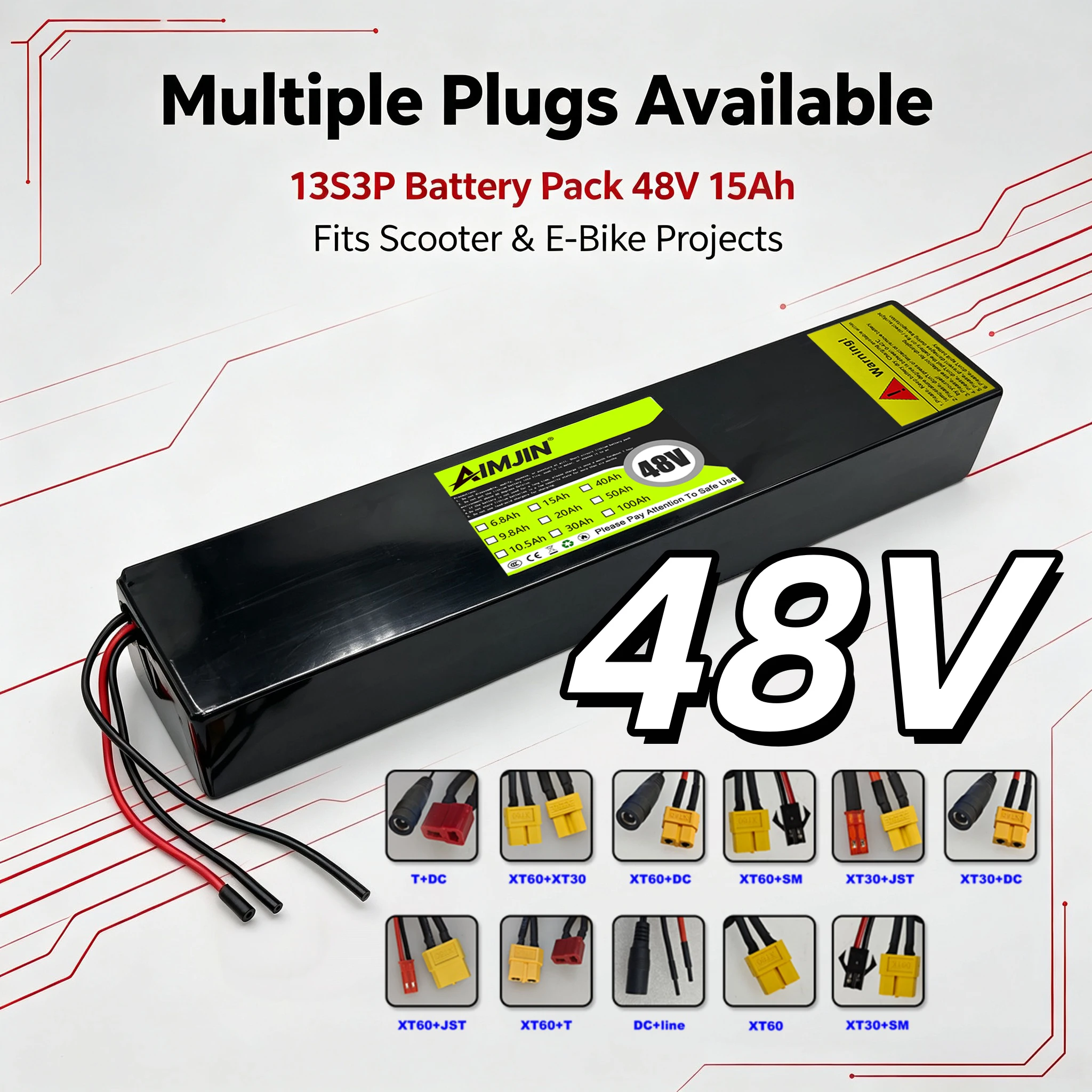High Power 48V 15000mAh 18650 Lithium Battery 13S3P , Suitable for 500W 750W 1000W Scooter Replacement Parts