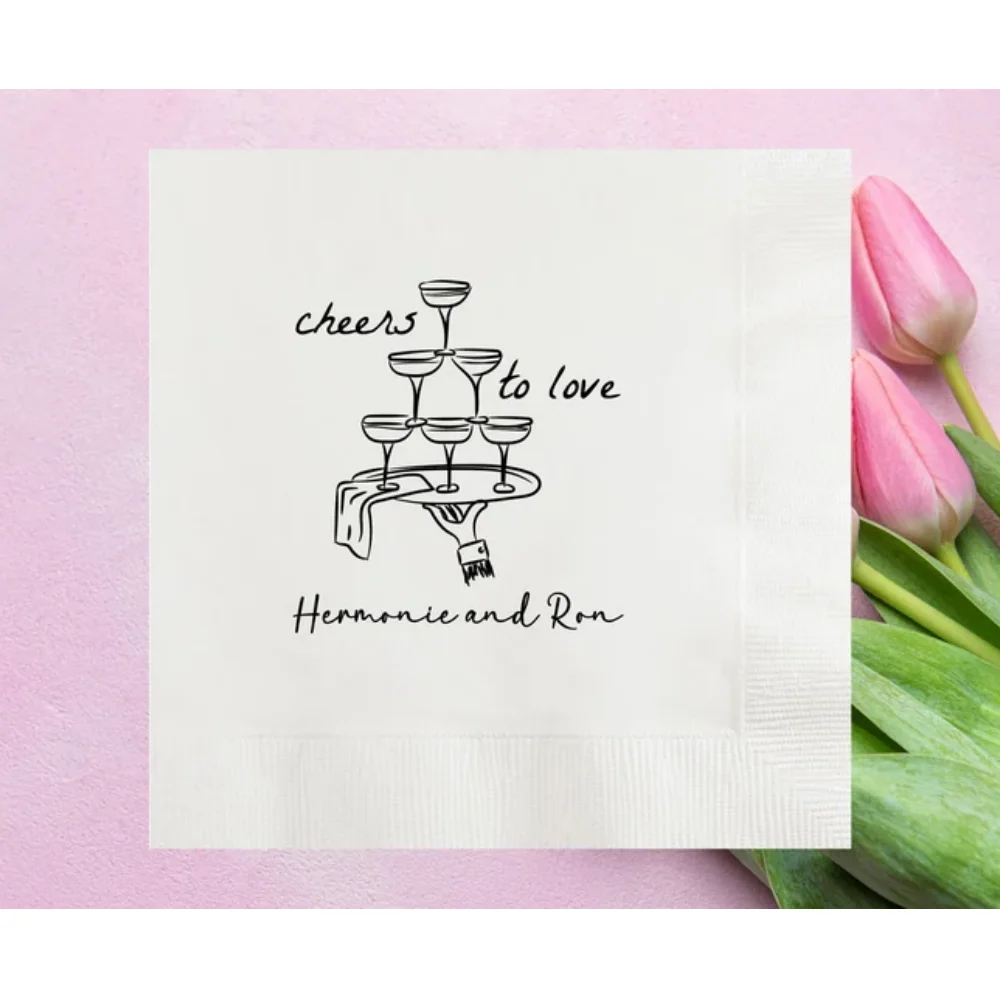 50Pcs Personalized Cheers to Love Hand Drawn Glasses Wedding Napkins, Custom Wedding Cocktail Napkins, Engagement Party, Vow Ren