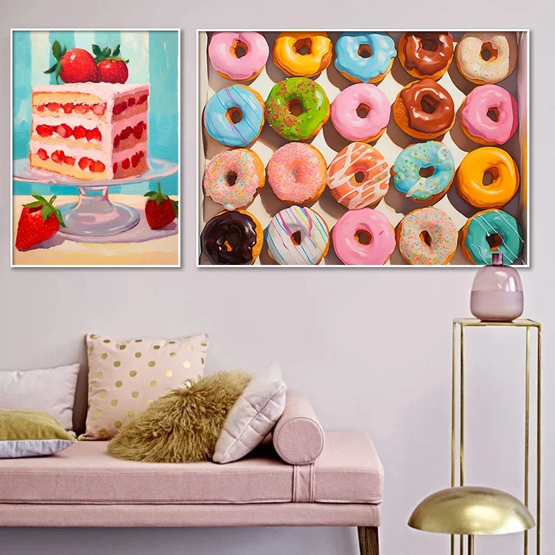 Modern Pink Lollipop Donut Cherry Doughnuts Macarons Cupcake Canvas Painting Print Pop Art Colorful Food Poster Kitchen Decor