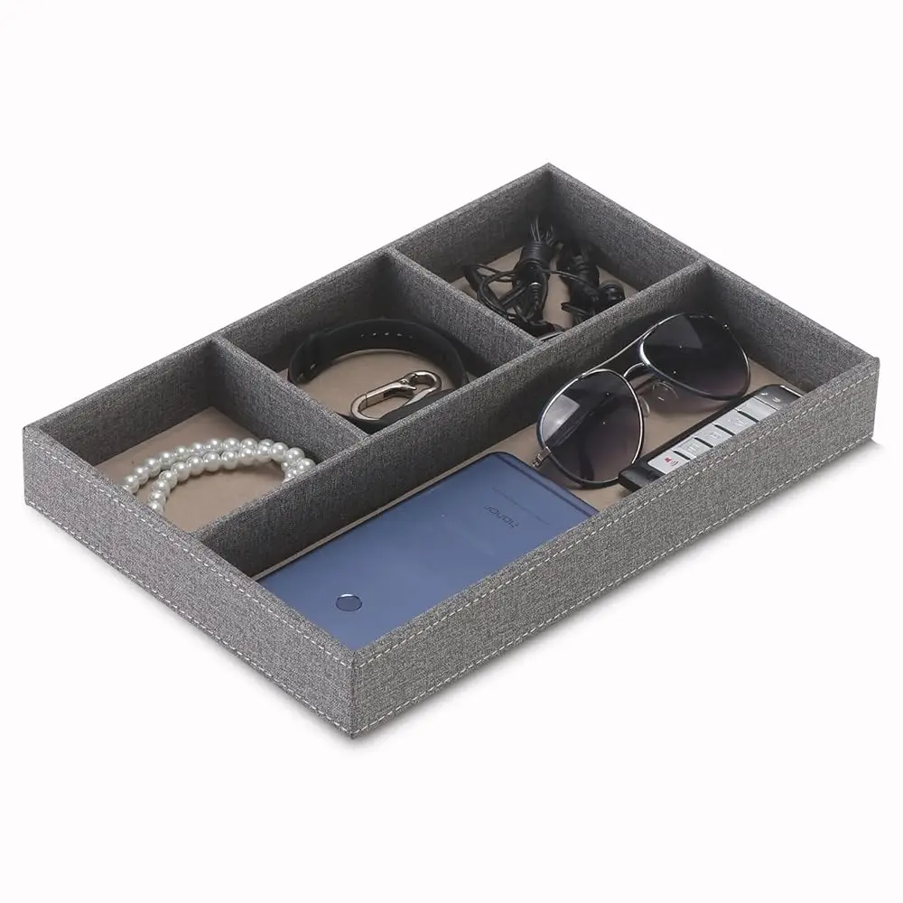 

Pu Leather Drawer Storage Organizer - 4 Compartment Decorative Trays For Nightstand, Dresser, Entry Table Or Desk