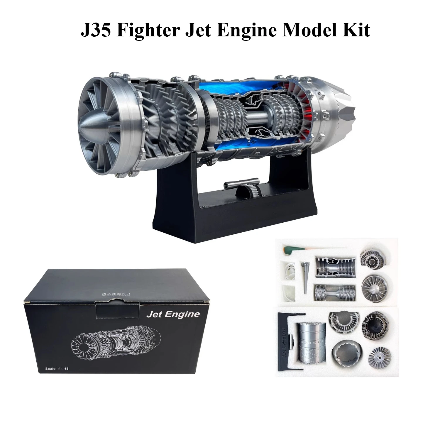 Micro J35 Fighter Jet Engine Model Kit 3D Printed Turbojet Engine Model Toys USB Adjustable Speed with Light