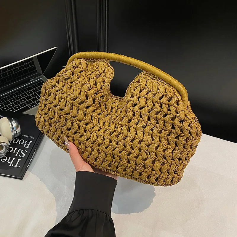 

Handmade Woven Straw Tote Bag Women Summer Large Capacity Beach Vacation Hollow Knit Design Crossbody Shoulder Bag