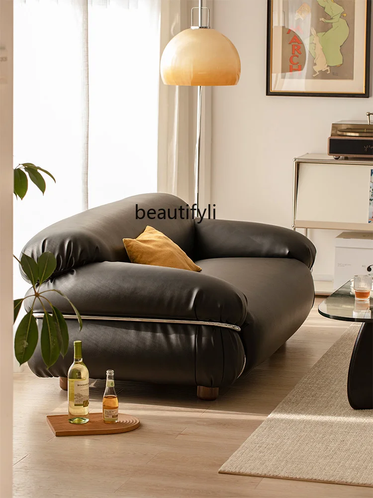 

Retro Leather Sofa Living Room Light Luxury Sofa Designer Steel Ring Sofa Black Three-Seat