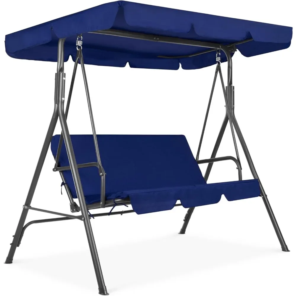 2-Person Outdoor Patio Swing Chair,Hanging Glider Porch Bench for Garden,Poolside,w/Convertible Canopy,Removable Cushions - Blue