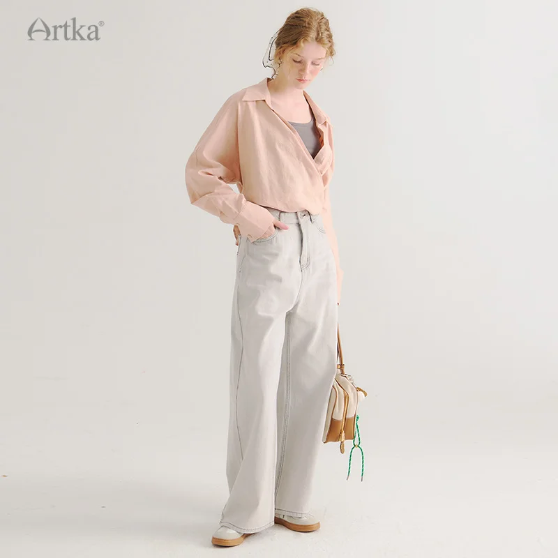 ARTKA-pantalones vaqueros rectos de cintura alta para mujer, Vaqueros holgados de pierna ancha lavados, informales, a la moda, otoño e invierno, KN92242Q, 2024