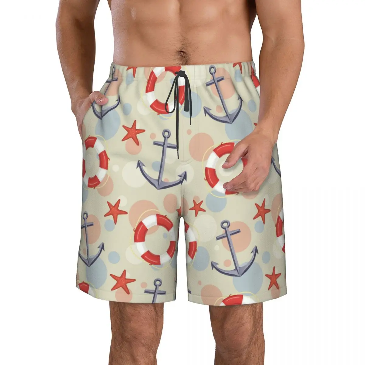 Man Swimwear Nautical Starfish Anchor And Lifebuoy Swim Shorts Trunks Beach Board Shorts Mens Swimming Swimsuits