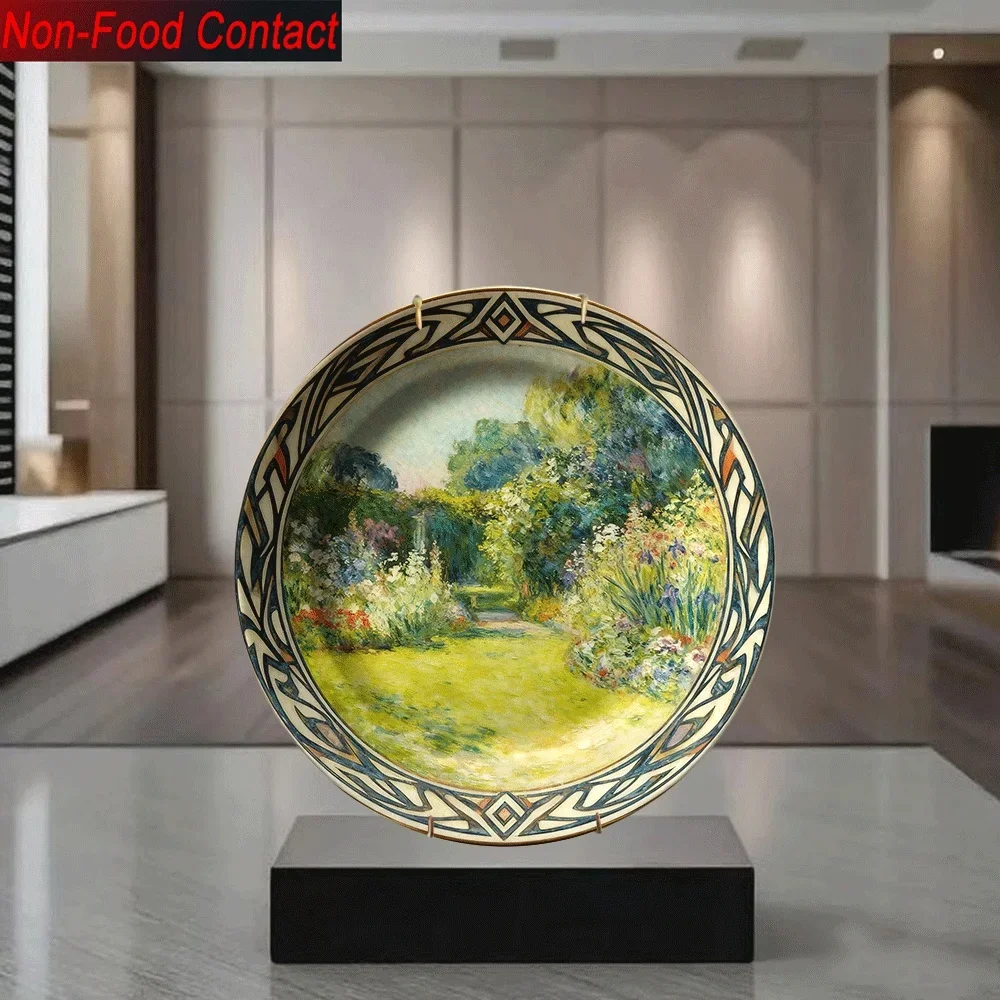 1pc Ornate Chinese-Inspired Ceramic Decorative Plate - Round Non-Food Contact Serving-Style Dish with Accent Border & Landscape