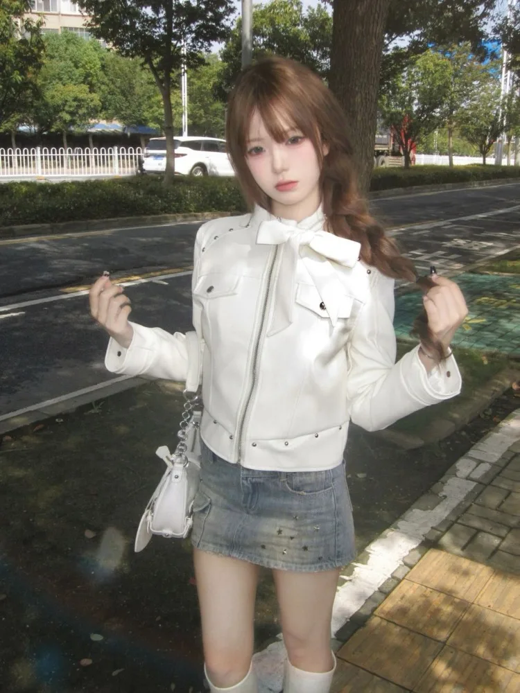 

Oversize White Slim Fit Pu Leather Jackets 2024 Early Autumn New Bow Coat Women Y2k Grunge Long Sleeve Zipper Tops Mujer